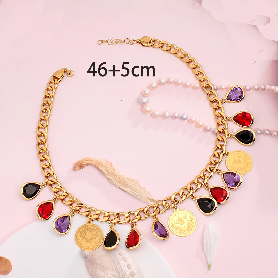Ottoman Totem Chain Necklace Gold Plated with Water Drop Rhinestone Ethnic Bridal Jewelry Turkey Coin Wedding Accessories