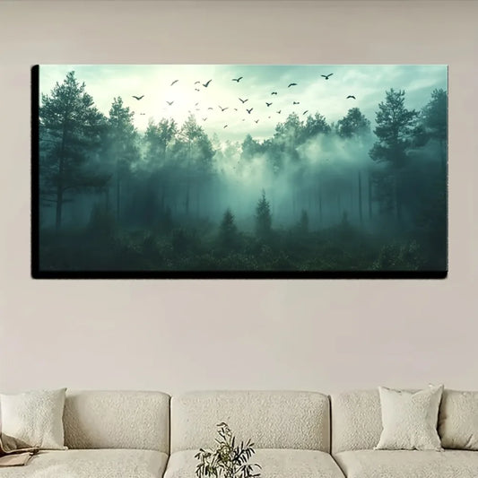 Black & White Foggy Forest Mountain Canvas Wall Art – Solid Pine Wood Frame, 3 Sizes