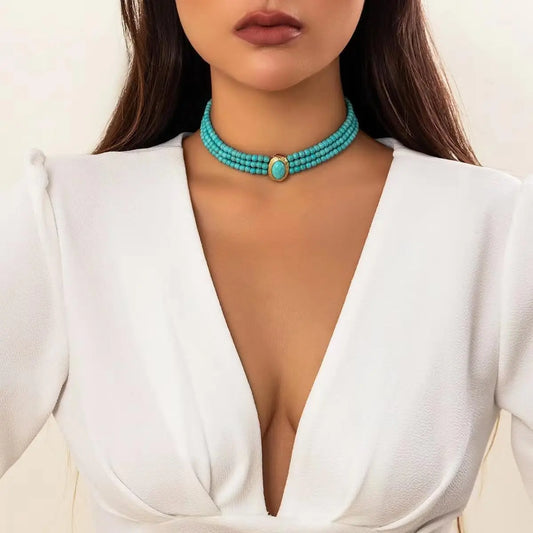 Turquoise Choker Necklace Women 3 Layers Multi Strands Necklace 20s Turquoise Bib Pendant Choker Party Jewelry Mother's Day Gift