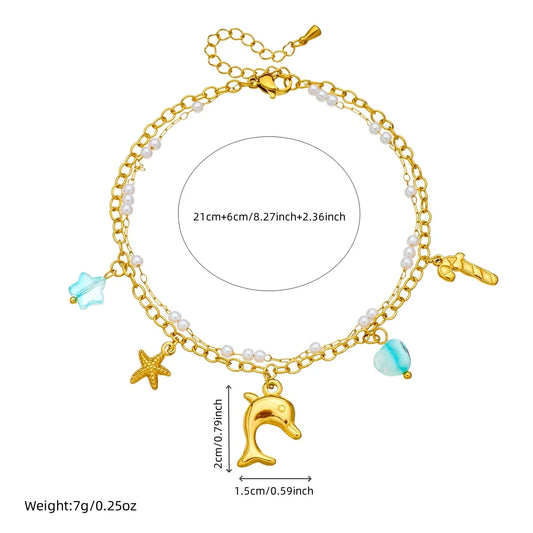 Stainless Steel Dolphin Scallop Natural Stone Anklets For Women New Sea Ocean Series Foot Chains Jewelry Gift