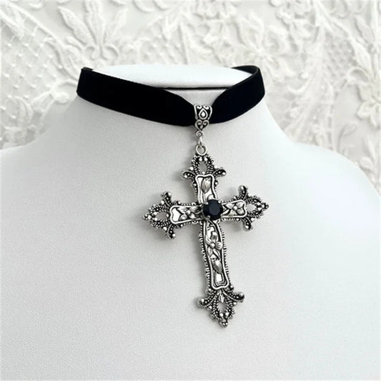Limited Black Velvet Cross Bead Necklace for Women, Gothic Choker, Grunge, Gorgeous Jewelry, Punk Gift, Statement Goth, New