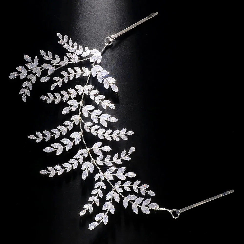 Luxury Bridal Tiara Wedding Hair Clips Jewelry Headpiece Accessories Zirconia Leaf Tiaras For Women Wedding Hair Piece Headdress