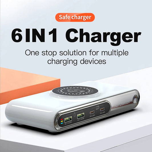 6-in-1 charger with multiple ports on a light gray background