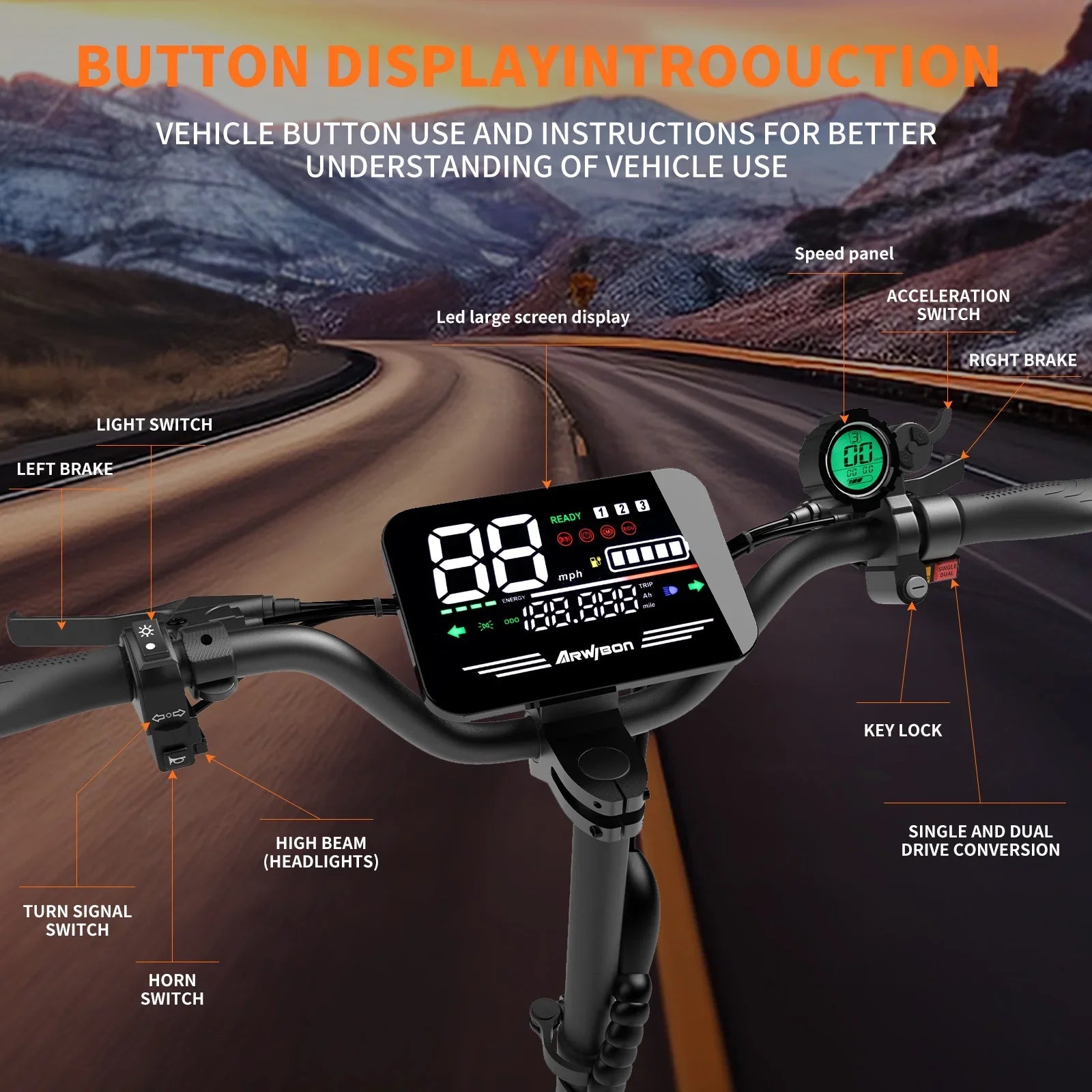 Bicycle handlebar with digital display and labeled components against a mountain road background | Origin Zero