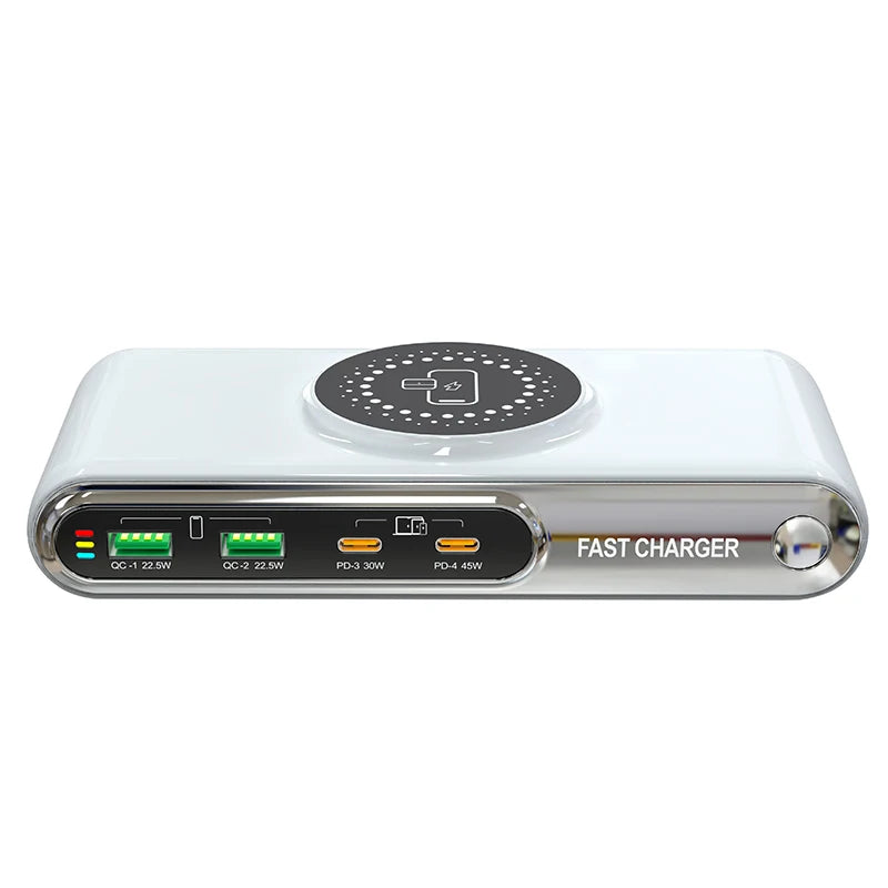 Fast charger with multiple ports on a white background