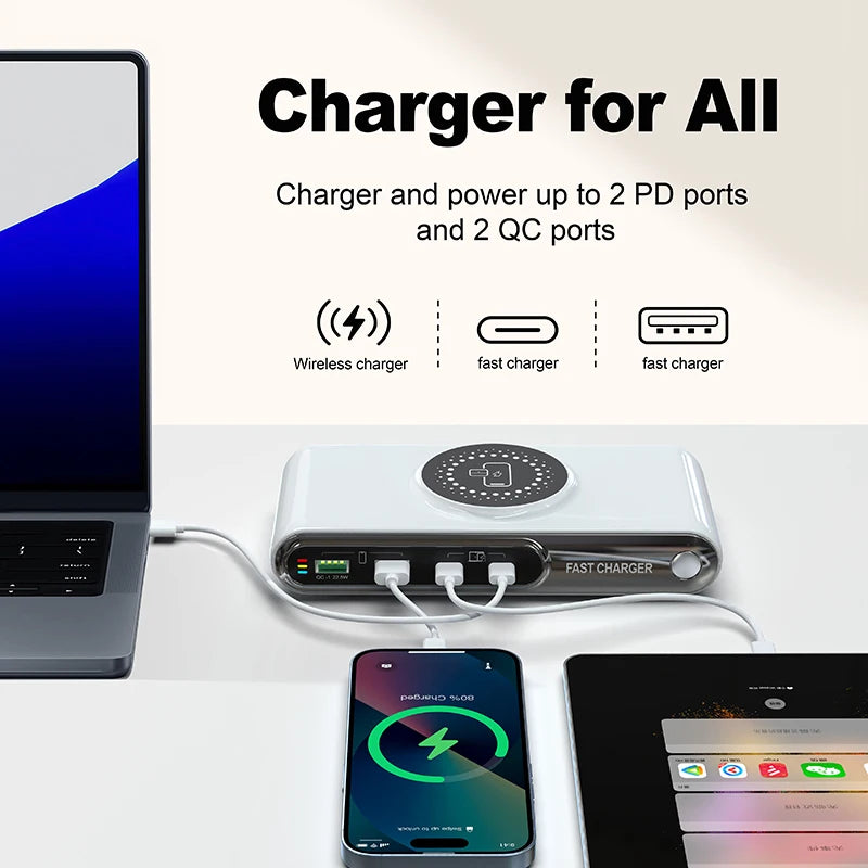 Multicharger with multiple ports and devices being charged on a white background