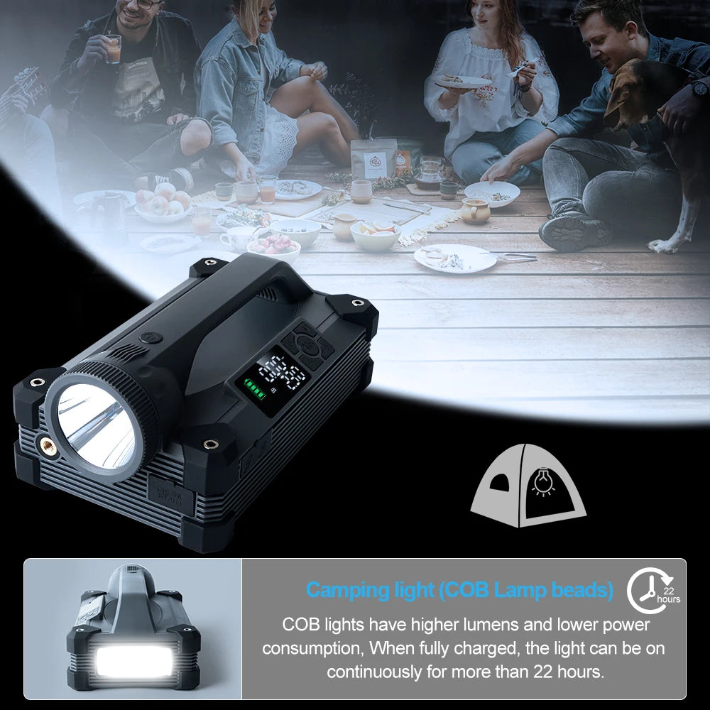 Camping light with text about COB lamp beads and usage, placed over a blurred image of people around a table.