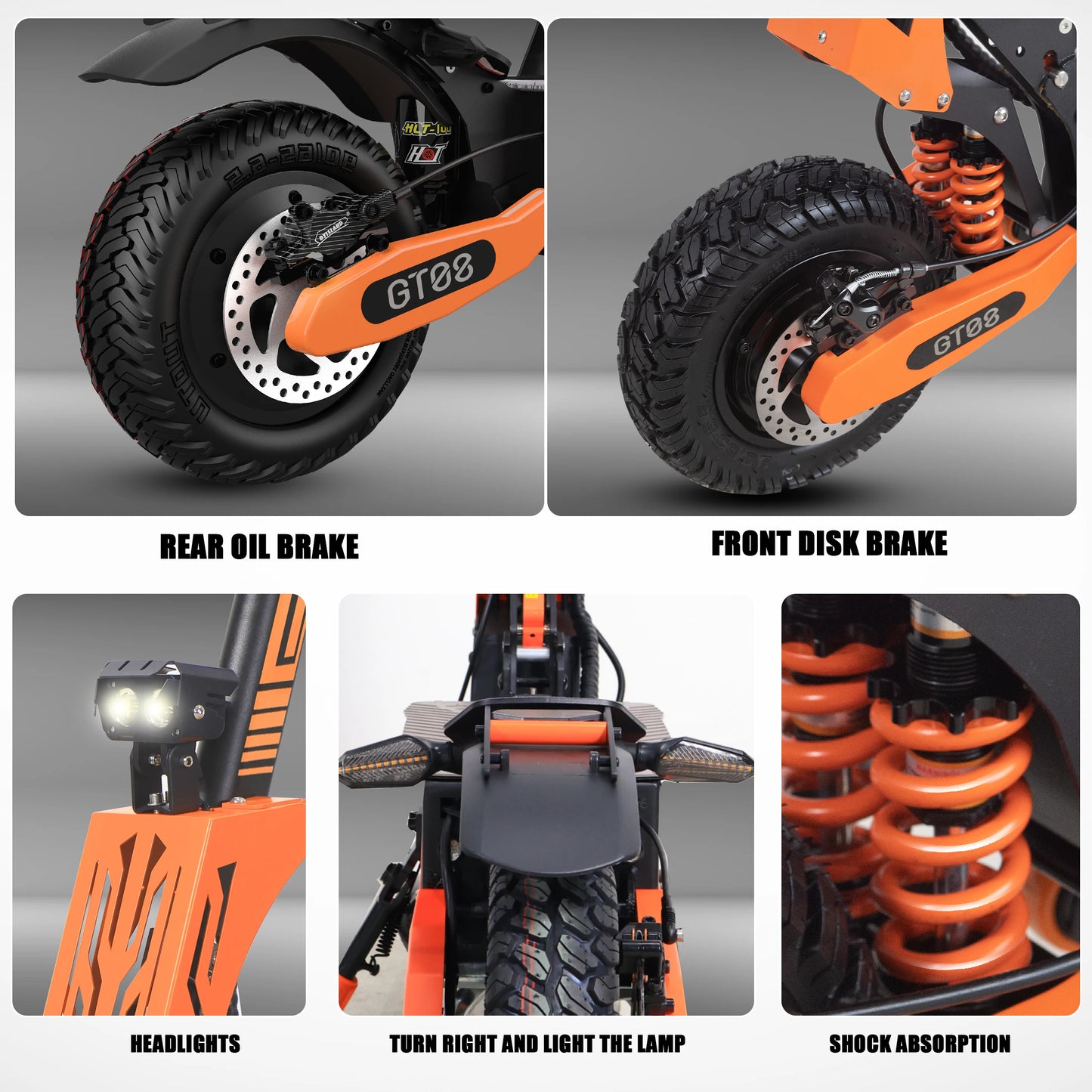 Close-up details of an orange and black scooter including brakes, headlights, and shock absorption. | Origin Zero