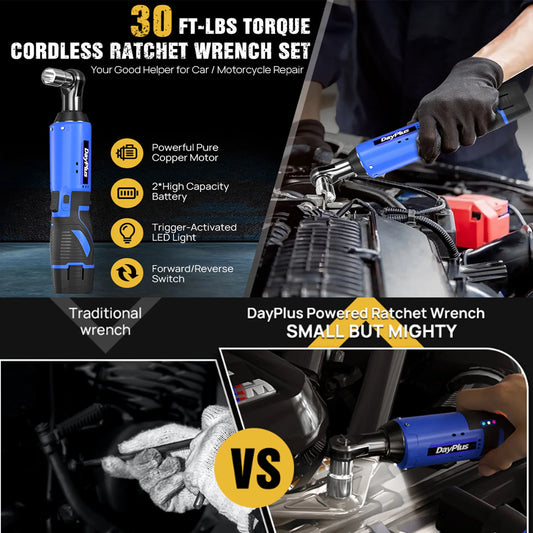 DayPlus cordless ratchet wrench set with features and usage on a car engine. | Origin Zero