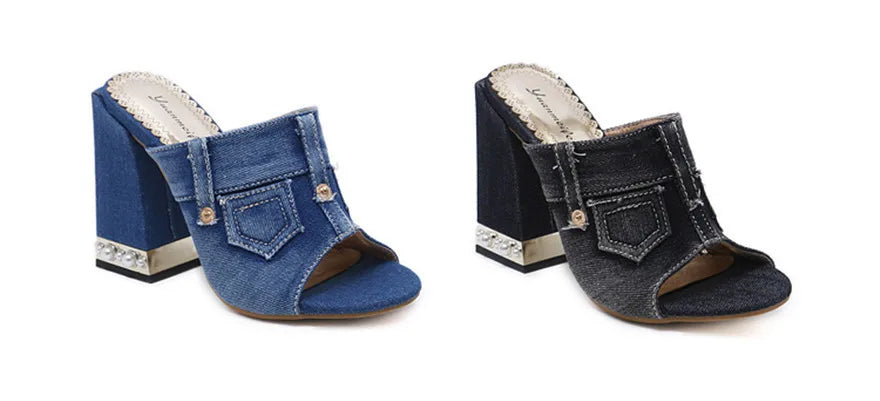 Pearl Thick Heel Women's Denim Sandals | Open Toe High Heels, Sizes 4.5-10 | Origin Zero