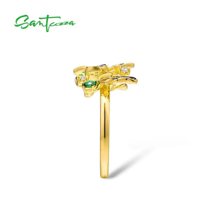 SANTUZZA Silver Ring For Women 925 Sterling Silver Butterfly  Gold Color Shiny Green Spinel Elegant Trendy Party Fine Jewelry