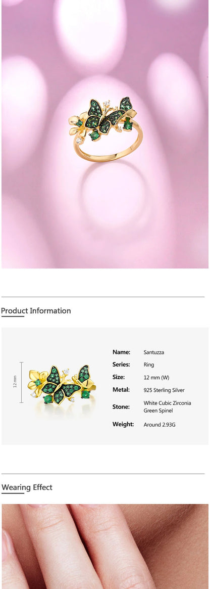 SANTUZZA Silver Ring For Women 925 Sterling Silver Butterfly  Gold Color Shiny Green Spinel Elegant Trendy Party Fine Jewelry