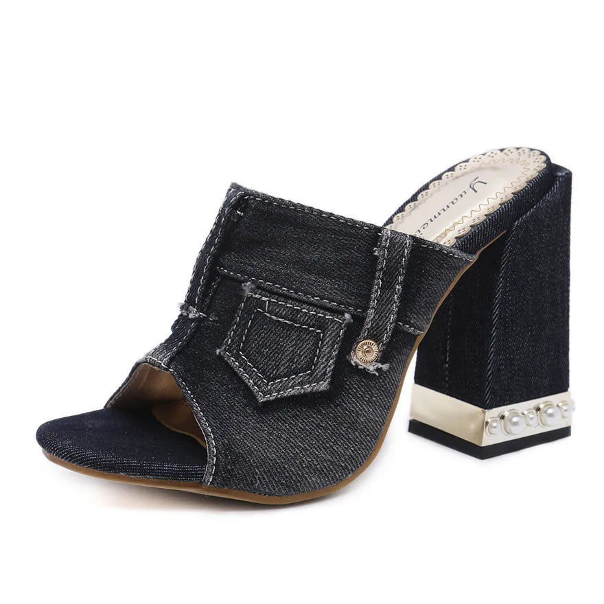 Pearl Thick Heel Women's Denim Sandals | Open Toe High Heels, Sizes 4.5-10 | Origin Zero