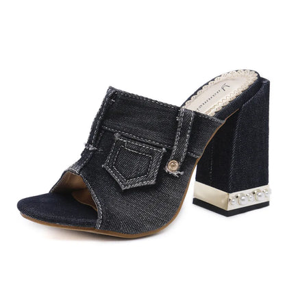 Pearl Thick Heel Women's Denim Sandals | Open Toe High Heels, Sizes 4.5-10 | Origin Zero