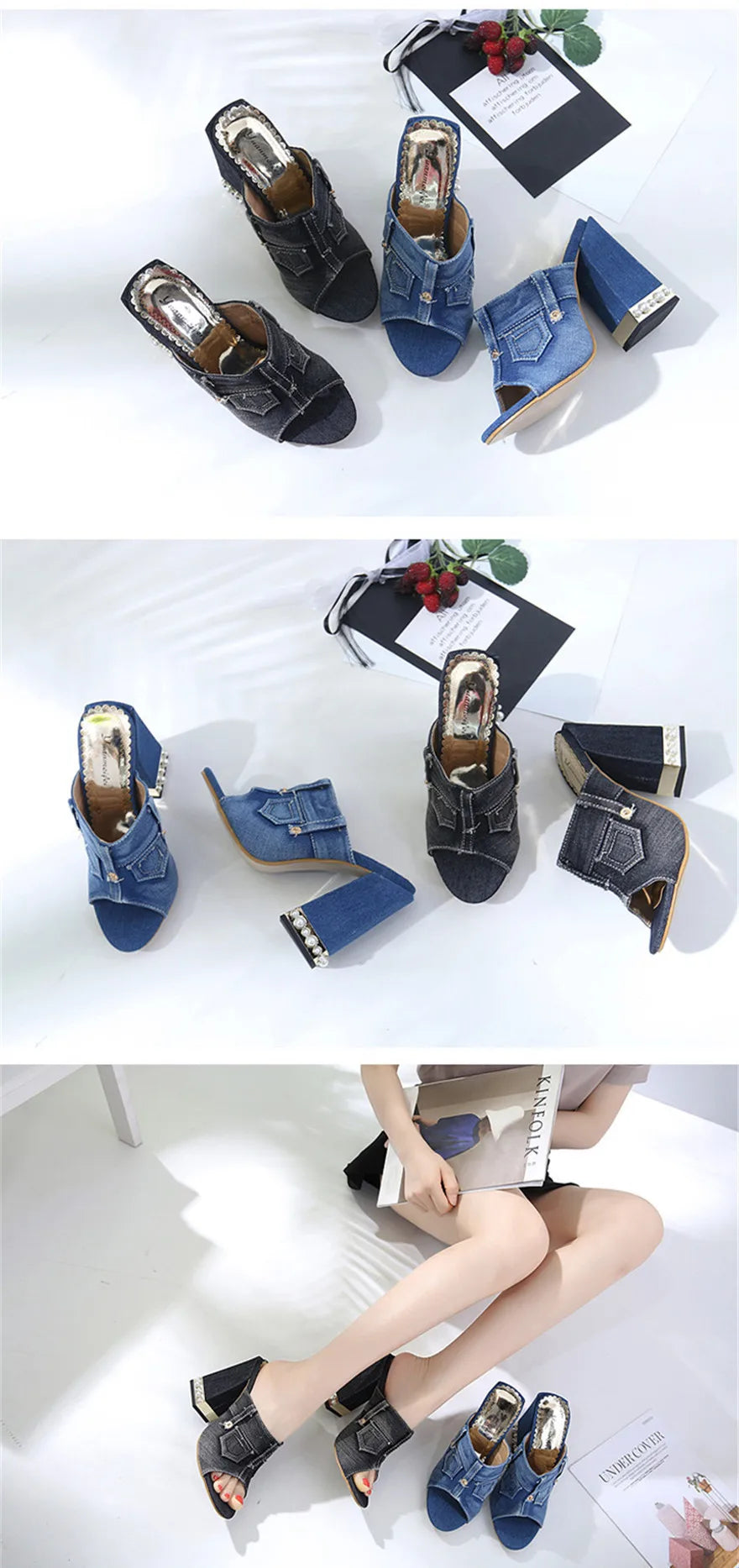 Pearl Thick Heel Women's Denim Sandals | Open Toe High Heels, Sizes 4.5-10 | Origin Zero