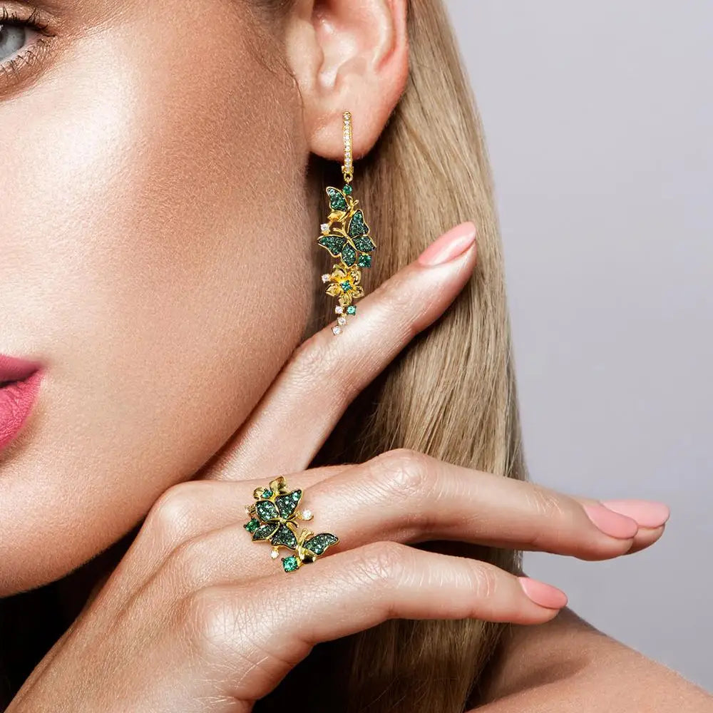 SANTUZZA Silver Ring For Women 925 Sterling Silver Butterfly  Gold Color Shiny Green Spinel Elegant Trendy Party Fine Jewelry