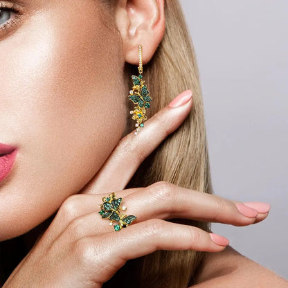 SANTUZZA Silver Ring For Women 925 Sterling Silver Butterfly  Gold Color Shiny Green Spinel Elegant Trendy Party Fine Jewelry