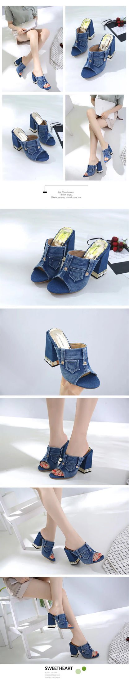 Pearl Thick Heel Women's Denim Sandals | Open Toe High Heels, Sizes 4.5-10 | Origin Zero