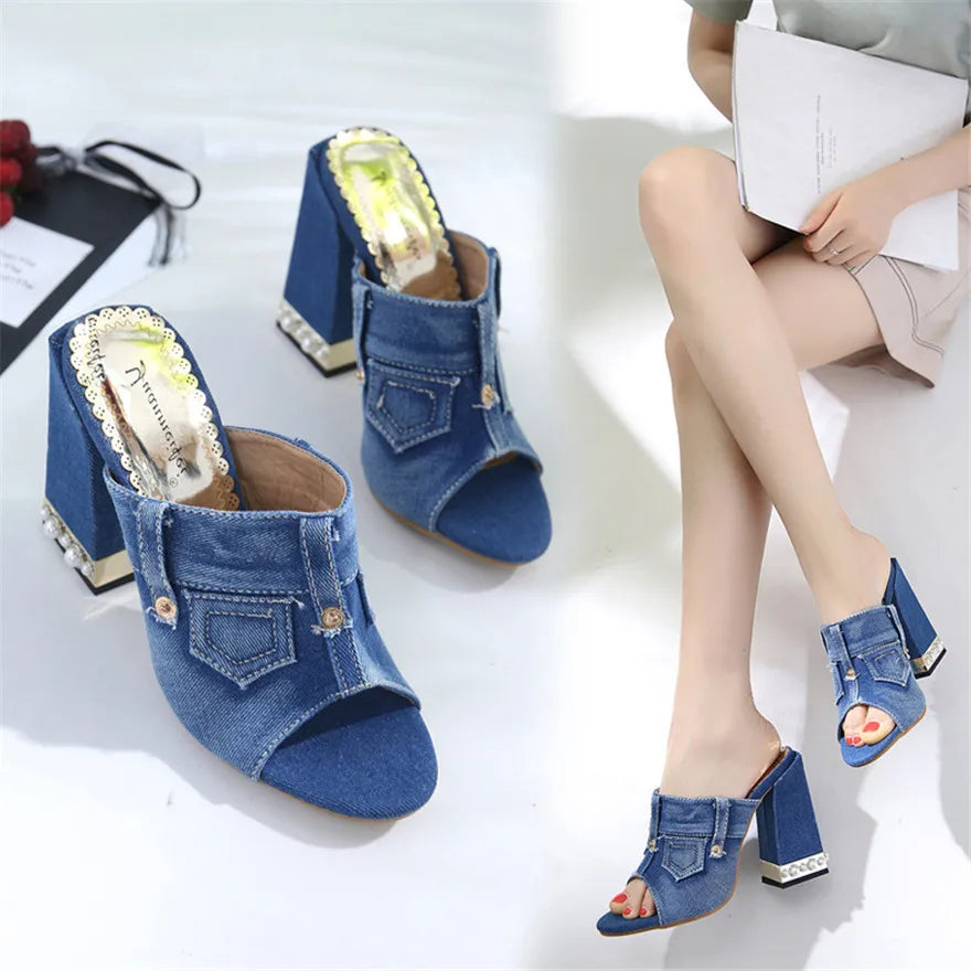 Pearl Thick Heel Women's Denim Sandals | Open Toe High Heels, Sizes 4.5-10 | Origin Zero