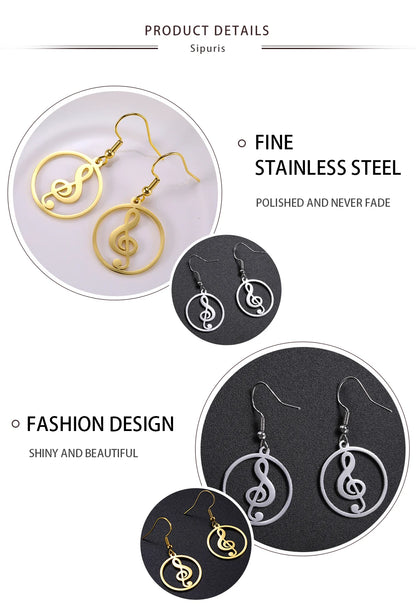 Sipuris Music Notes Dangle Earrings Stainless Steel Round Earring for Women Fashion Music Note Jewelry