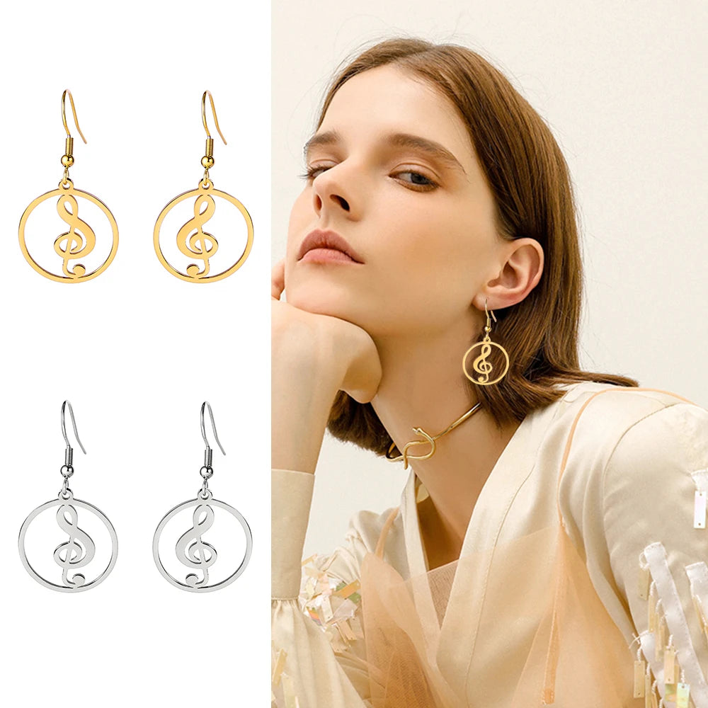 Sipuris Music Notes Dangle Earrings Stainless Steel Round Earring for Women Fashion Music Note Jewelry