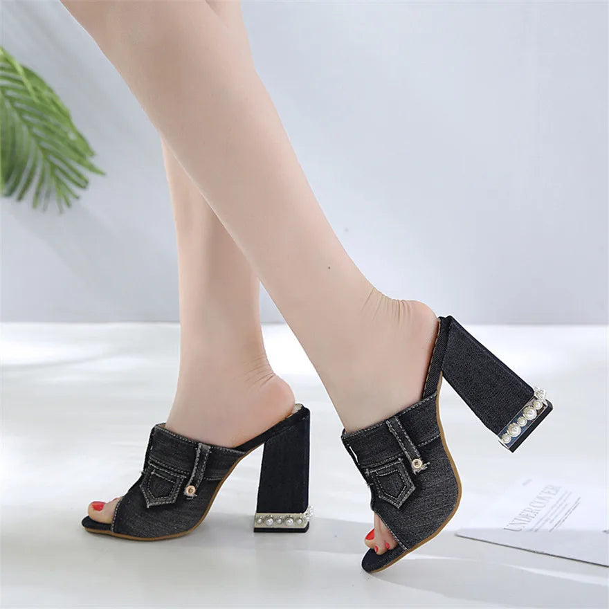 Pearl Thick Heel Women's Denim Sandals | Open Toe High Heels, Sizes 4.5-10 | Origin Zero