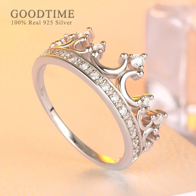 Trendy Women Ring 925 Sterling Silver Ring Luxury Rhinestone Crown For Wedding Party Silver Jewelry Accessories Fashion Ring