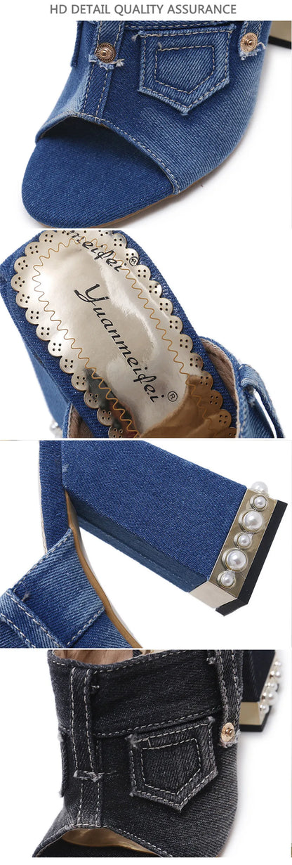 Pearl Thick Heel Women's Denim Sandals | Open Toe High Heels, Sizes 4.5-10 | Origin Zero