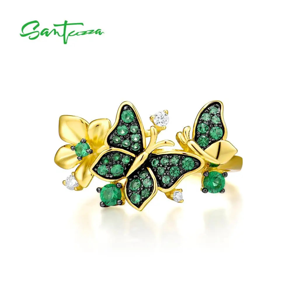 SANTUZZA Silver Ring For Women 925 Sterling Silver Butterfly  Gold Color Shiny Green Spinel Elegant Trendy Party Fine Jewelry