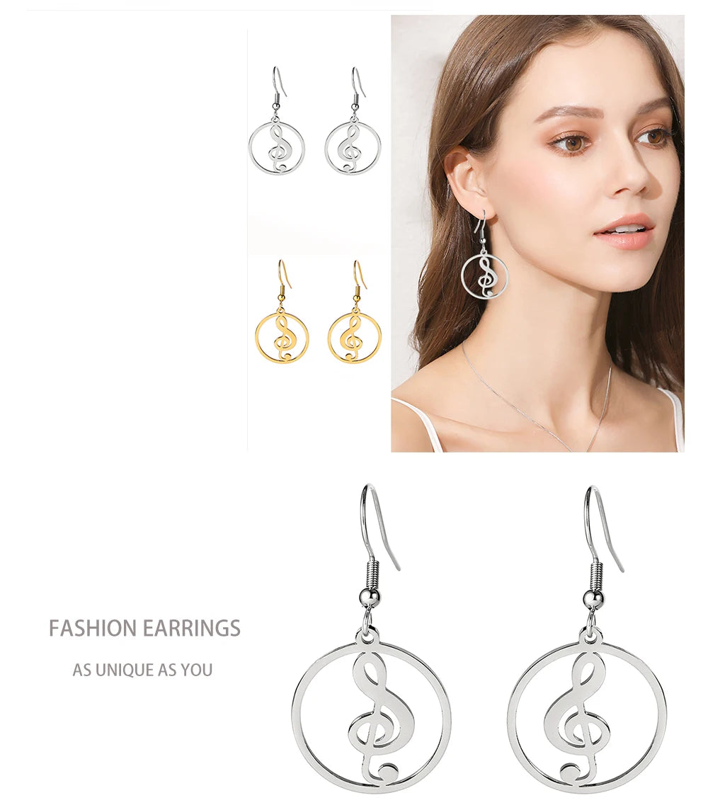 Sipuris Music Notes Dangle Earrings Stainless Steel Round Earring for Women Fashion Music Note Jewelry