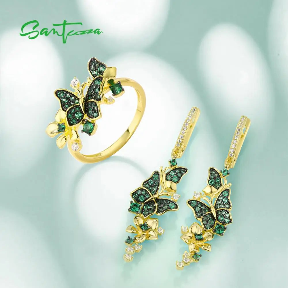 SANTUZZA Silver Ring For Women 925 Sterling Silver Butterfly  Gold Color Shiny Green Spinel Elegant Trendy Party Fine Jewelry
