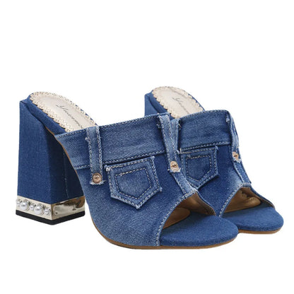 Pearl Thick Heel Women's Denim Sandals | Open Toe High Heels, Sizes 4.5-10 | Origin Zero