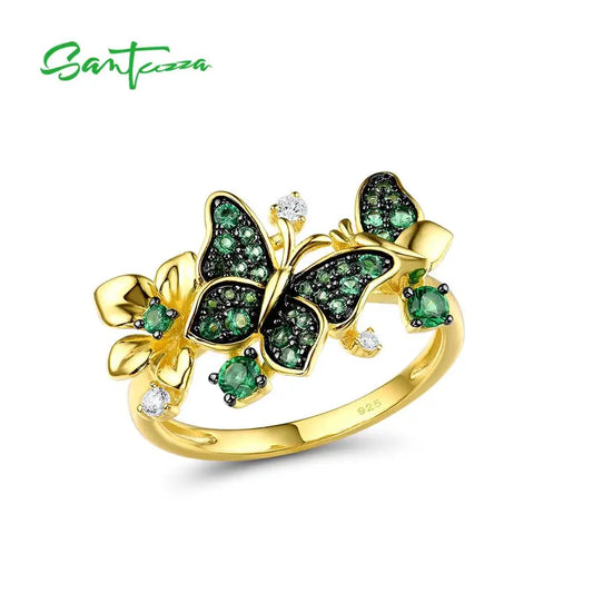 SANTUZZA Silver Ring For Women 925 Sterling Silver Butterfly  Gold Color Shiny Green Spinel Elegant Trendy Party Fine Jewelry