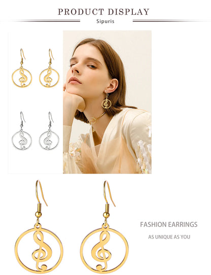 Sipuris Music Notes Dangle Earrings Stainless Steel Round Earring for Women Fashion Music Note Jewelry