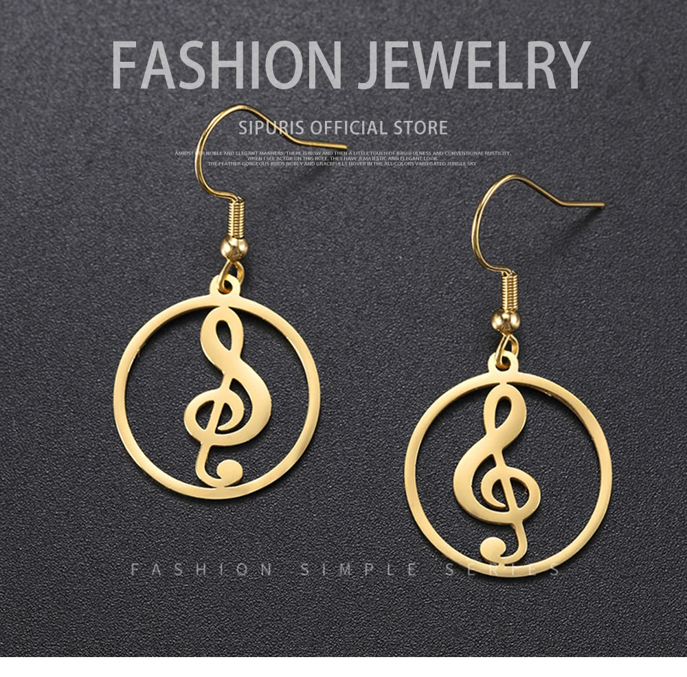 Sipuris Music Notes Dangle Earrings Stainless Steel Round Earring for Women Fashion Music Note Jewelry