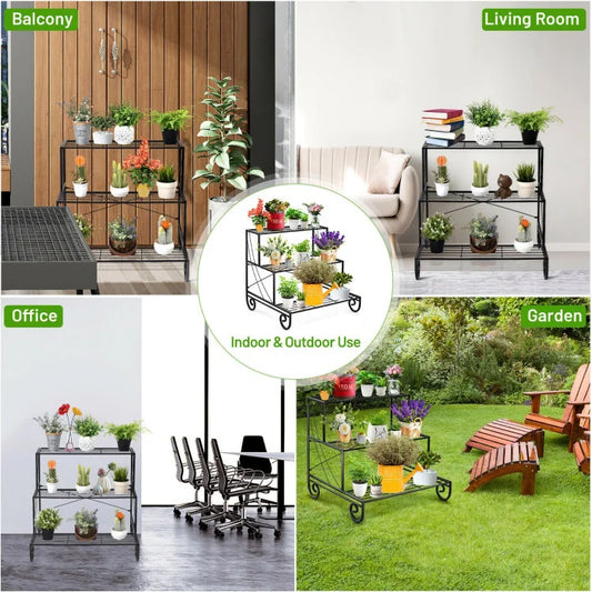 3-Tier Metal Garden Plant Stand | Outdoor Planter Holder Shelf