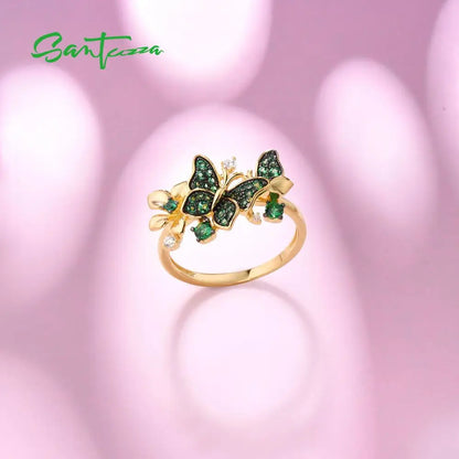 SANTUZZA Silver Ring For Women 925 Sterling Silver Butterfly  Gold Color Shiny Green Spinel Elegant Trendy Party Fine Jewelry