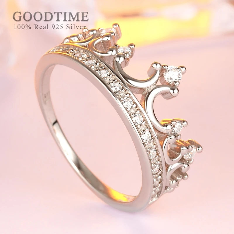 Trendy Women Ring 925 Sterling Silver Ring Luxury Rhinestone Crown For Wedding Party Silver Jewelry Accessories Fashion Ring
