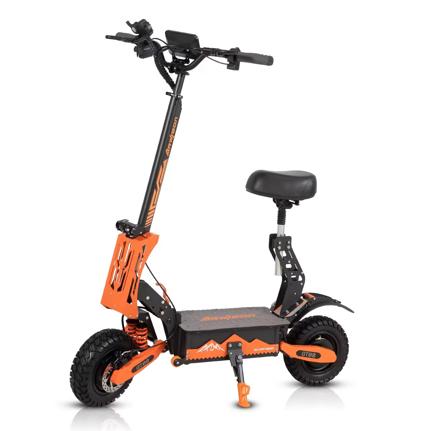 Orange and black electric scooter with a seat on a white background | Origin Zero