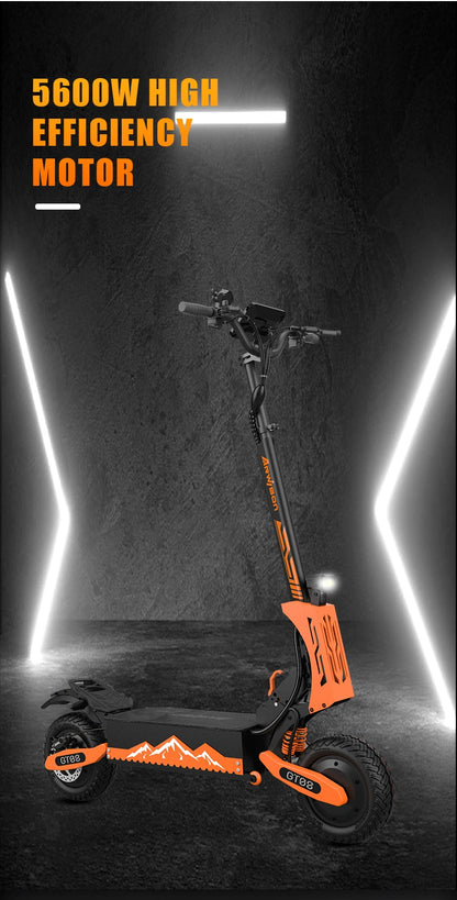 Orange electric scooter with '5600W High Efficiency Motor' text on a dark background | Origin Zero
