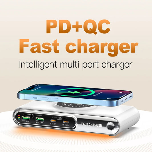 Intelligent multi-port charger with smartphone on a white background