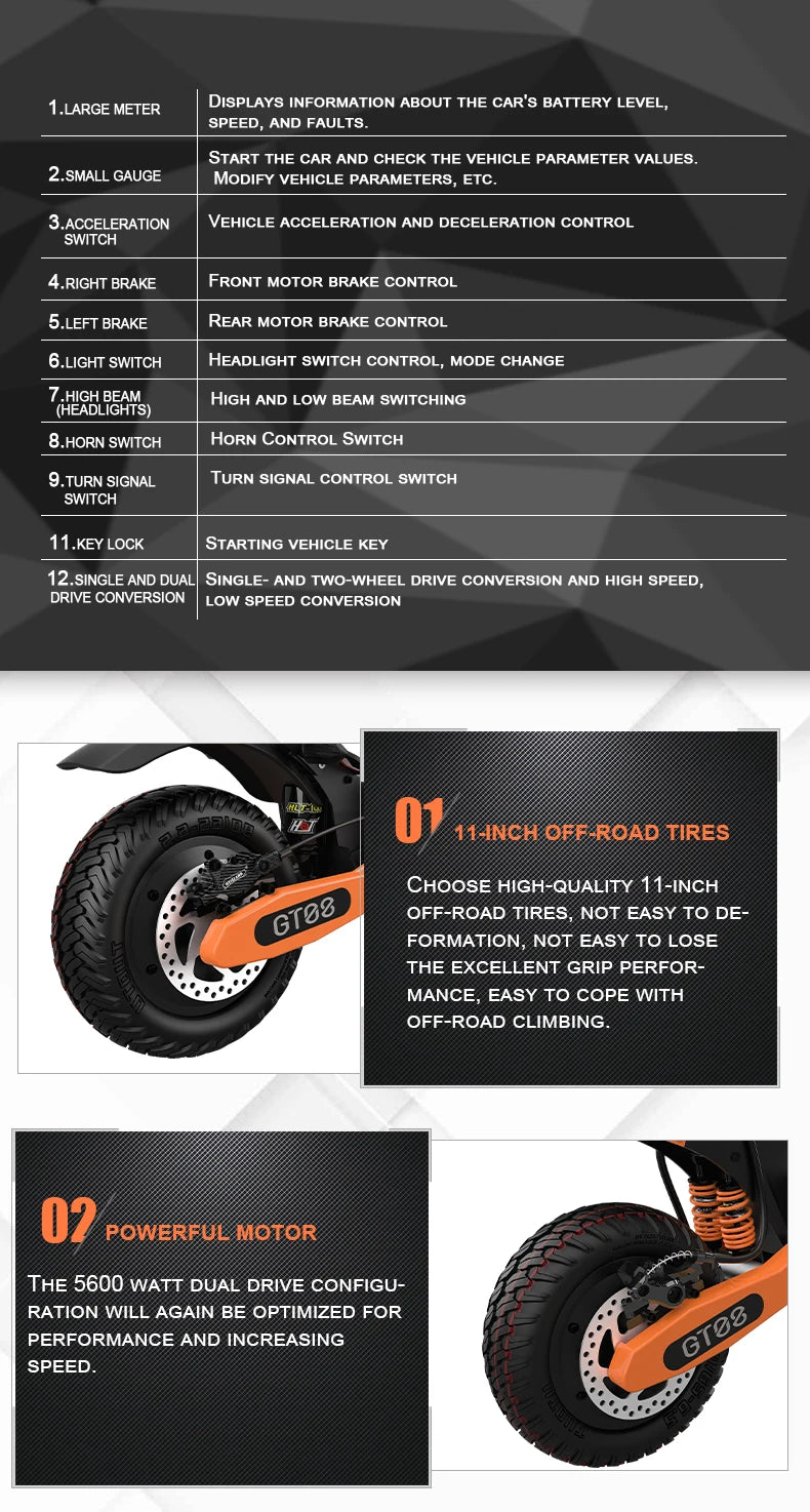 Product features of an electric scooter with text and images on a dark background | Origin Zero