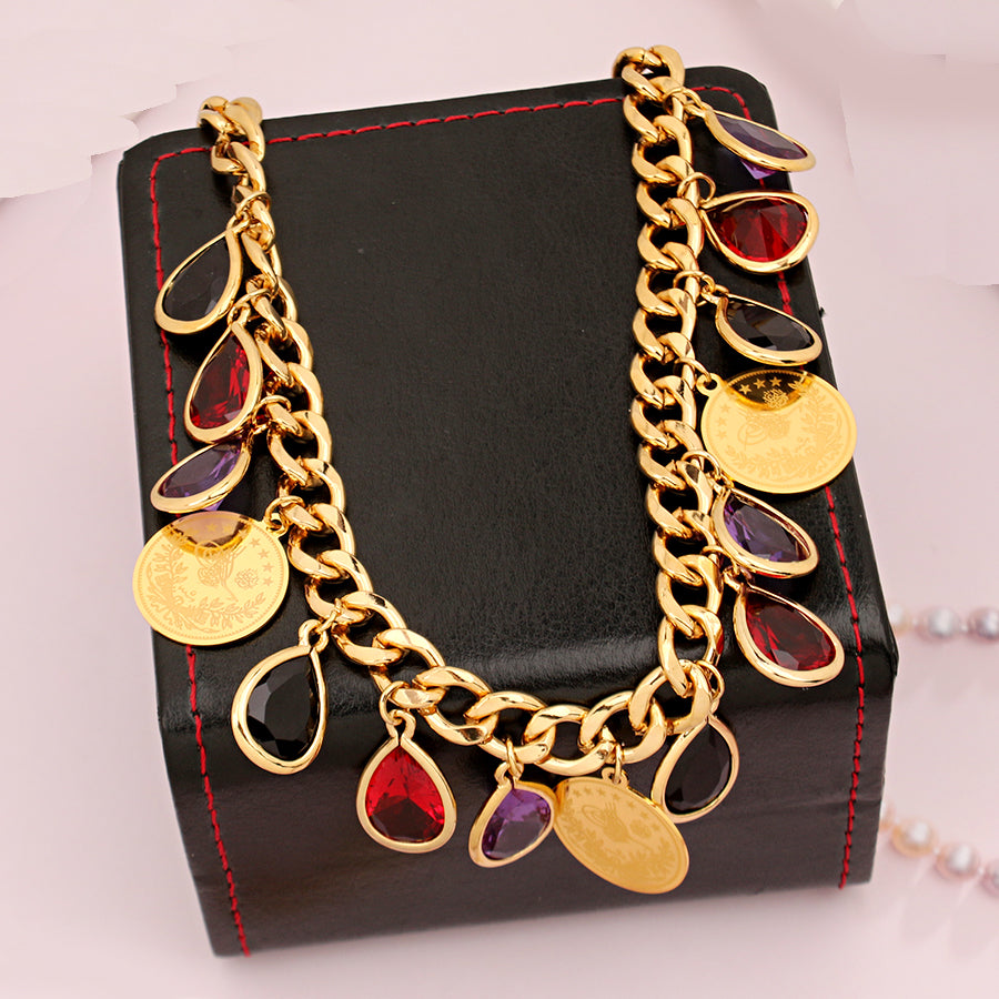 Ottoman Totem Chain Necklace Gold Plated with Water Drop Rhinestone Ethnic Bridal Jewelry Turkey Coin Wedding Accessories