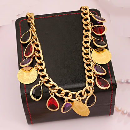 Ottoman Totem Chain Necklace Gold Plated with Water Drop Rhinestone Ethnic Bridal Jewelry Turkey Coin Wedding Accessories