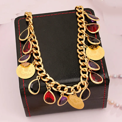 Ottoman Totem Chain Necklace Gold Plated with Water Drop Rhinestone Ethnic Bridal Jewelry Turkey Coin Wedding Accessories