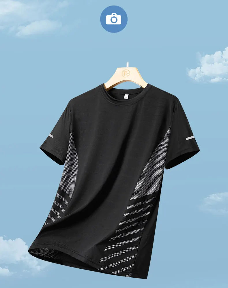 Men’s Ice Silk Running T-Shirt – Quick-Dry, Breathable Mesh, Moisture-Wicking Sports Tee with Reflective Print – Plus Size M–5XL