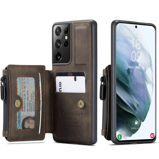 Samsung Galaxy S21 / S21+ / S21 Ultra Leather Wallet Case – Card Slots, Zipper Pocket & Kickstand