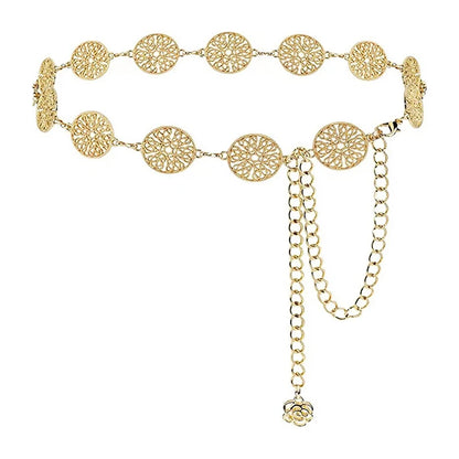 Elegant Round Metal Belt For Women Retro Gold Silver Carved Hollow Out Waistband Fashion Dress Decoration