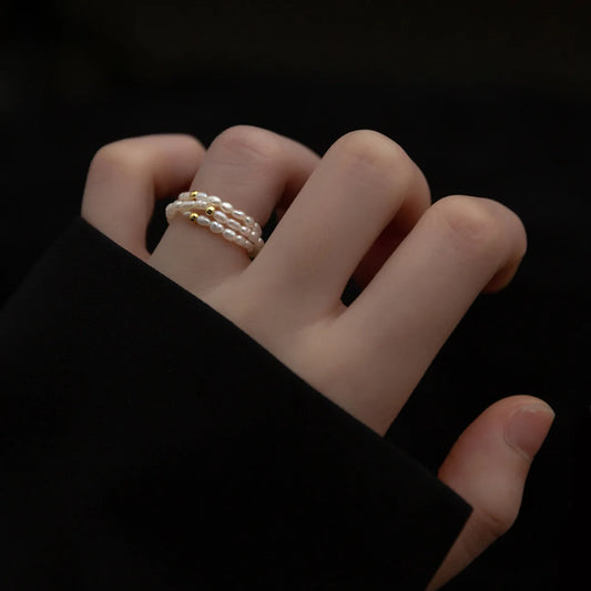 3-4mm Natural Freshwater Pearls Elastic Ring Mini Rice Shape Beads Silver Fashion Jewelry Hot Style for Women