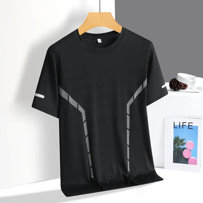 Men’s Ice Silk Running T-Shirt – Quick-Dry, Breathable Mesh, Moisture-Wicking Sports Tee with Reflective Print – Plus Size M–5XL